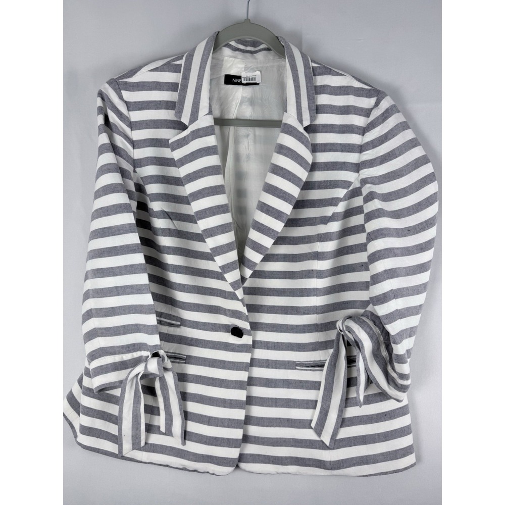 Nine West Womens 14 Dress Blazer Suit Set Grey White Stripe Linen Blend Tie Cuff - Picture 9 of 13